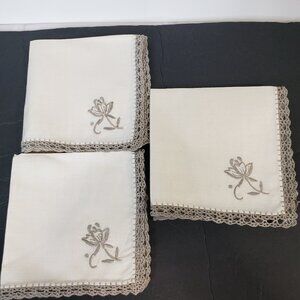Vintage Delicate Embroidered Grey Floral Napkins Linen Set of 3 Crochet Border